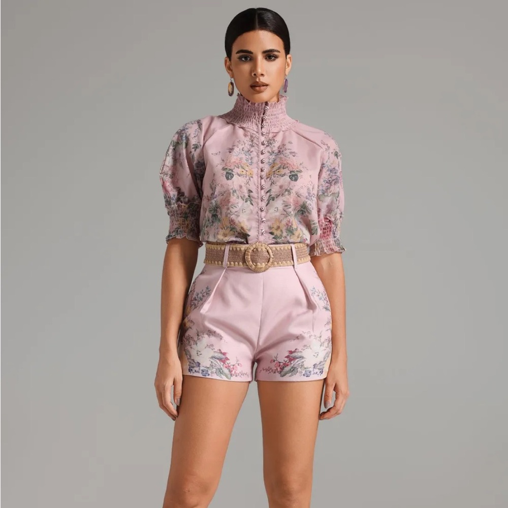 Floral Pink Blouse and Shorts Set